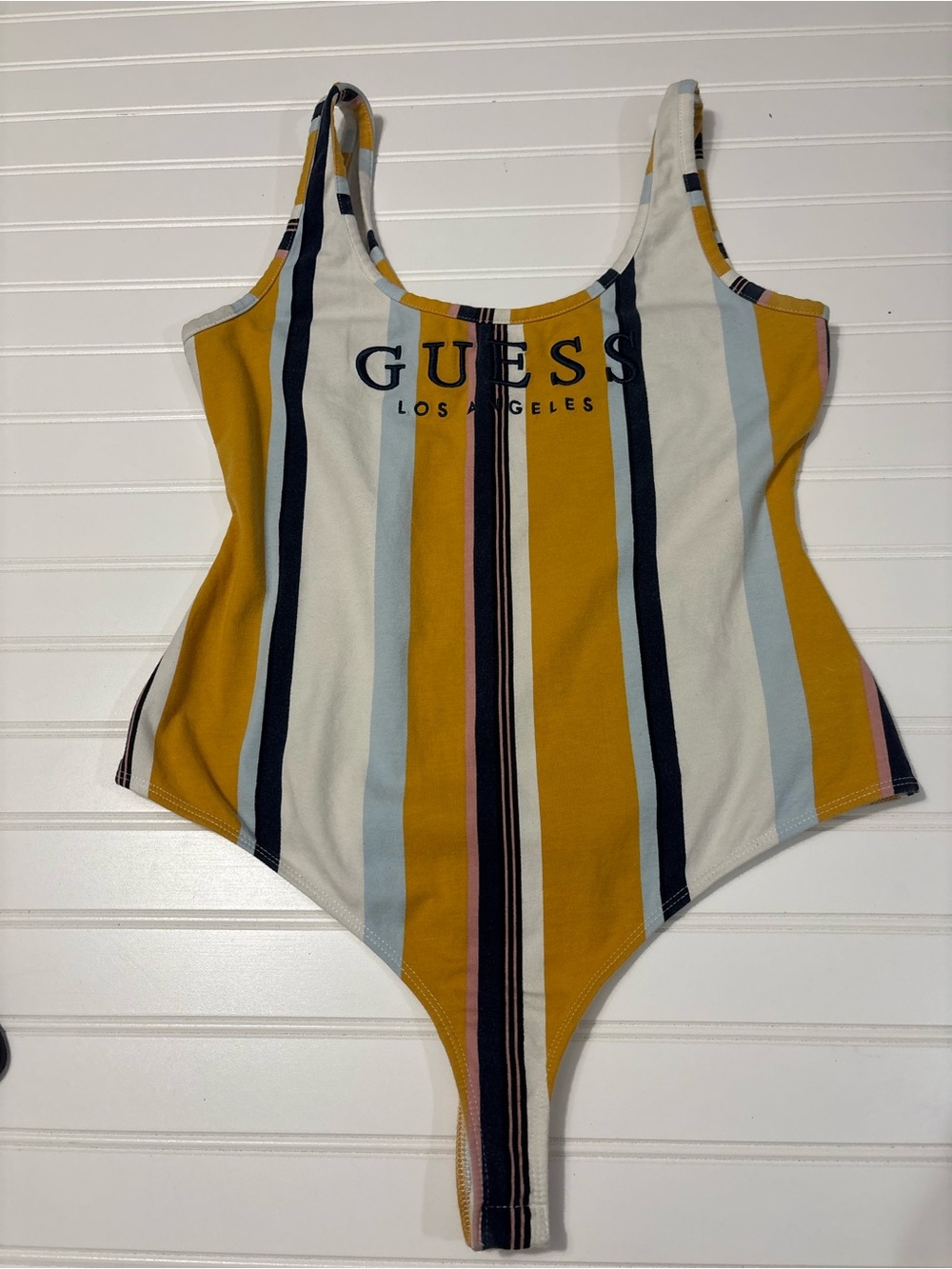 GUESS Originals Striped Bodysuit Women’s M Mustard Navy Y2K Retro Logo